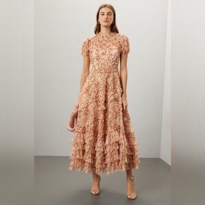 Mac Duggal Floral Ruffle Maxi Dress - Peach and Cream